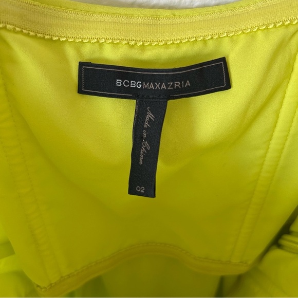 BCBGMaxAzria Neon Green, Yellow Strapless Asymmetrical Wrap Formal Midi Dress - Picture 5 of 11
